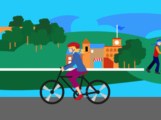 Animation of girl cycling along path passing landmarks in Linlithgow.