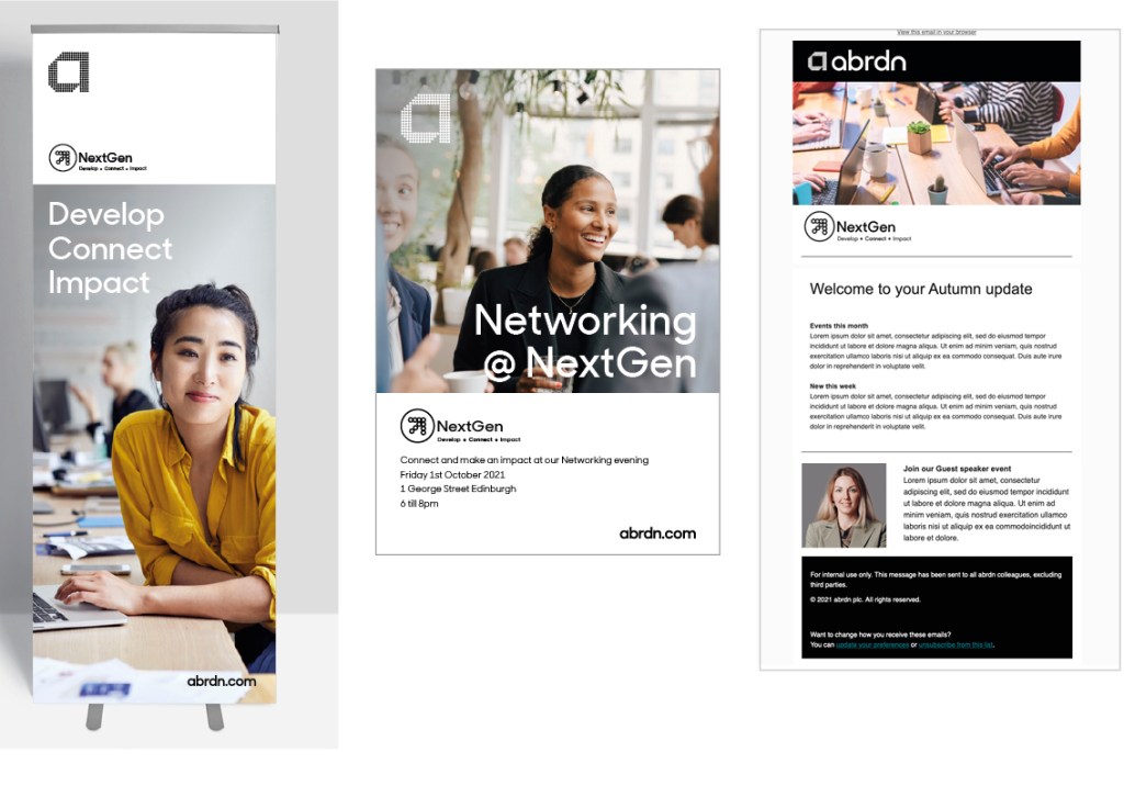 Pull-up banner, poster and email campaign template created for the Next Gen staff network.