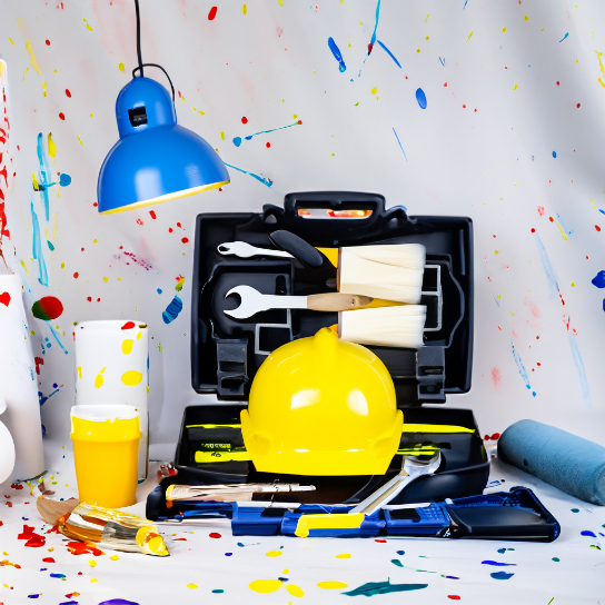 To illustrate the designer's tool box. Tool box with builders hard hat. Paint splattered background. Light hanging down from ceiling. 