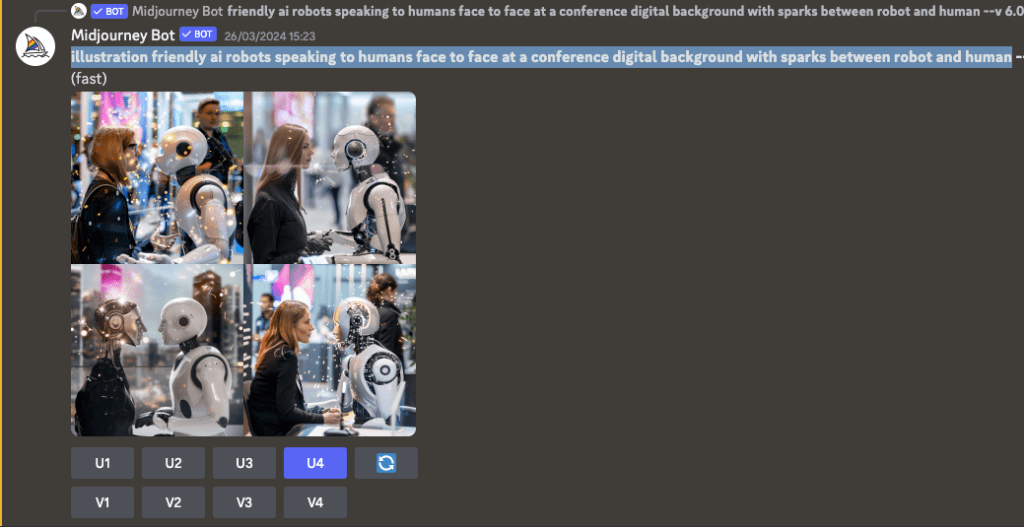 Screen shot of Midjourney app showing 4 images generated with a text to image prompt.