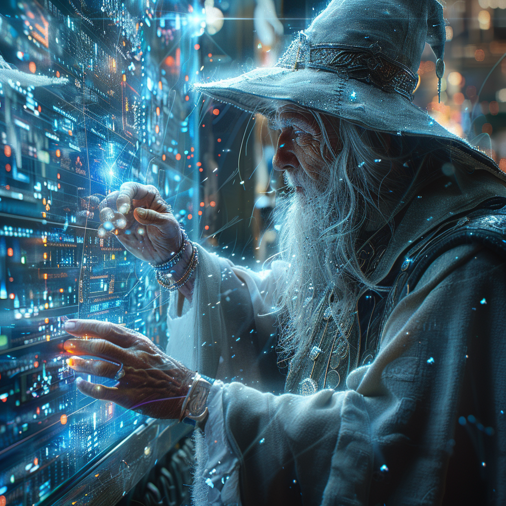 Wizard looking a computer server - the magic box