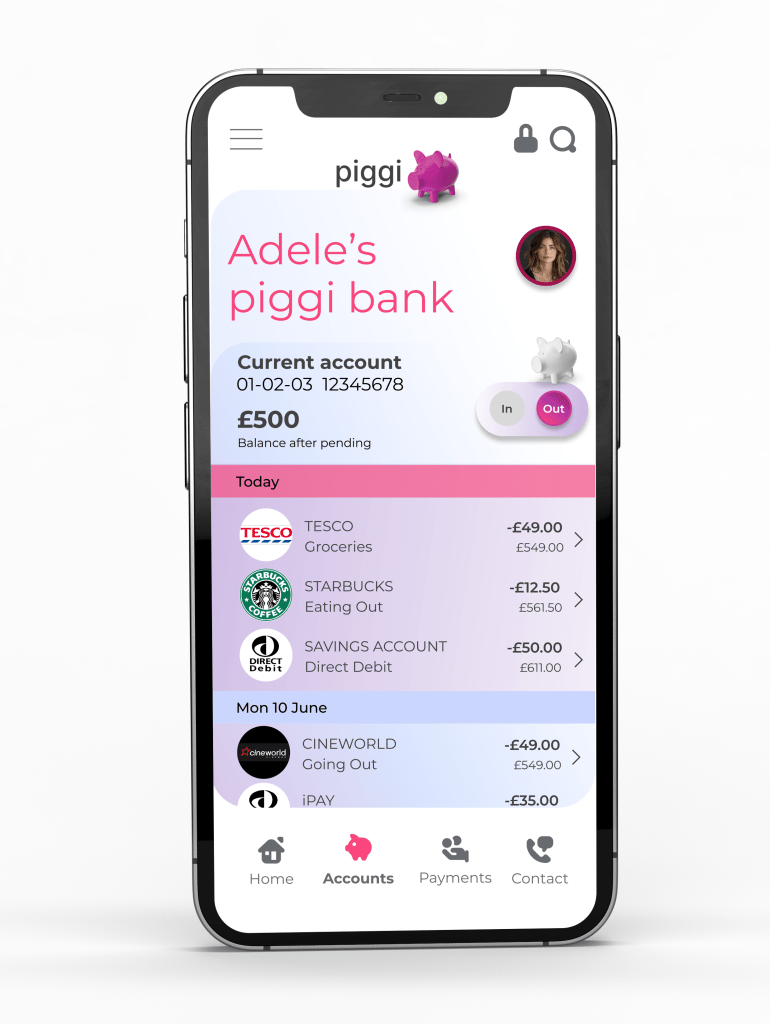 Piggi bank mobile design current account spending detail