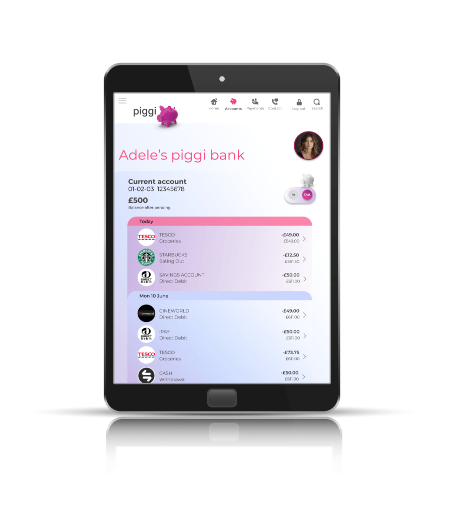 Piggi bank tablet design current account spending details